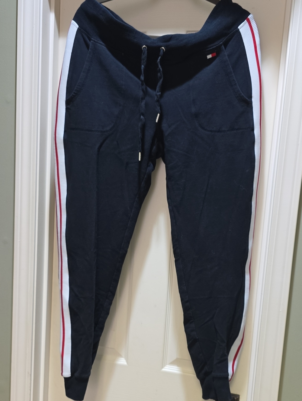 Tommy Hilfiger Black Joggers with White and Red Side Stripes